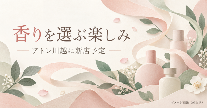 香りの広がりを表すリボン、葉、無地のボトルを描いた新店紹介のイメージイラスト（AI生成）
