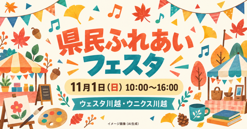 秋の旗や葉、音符で県民ふれあいフェスタを表したイメージイラスト（AI生成）