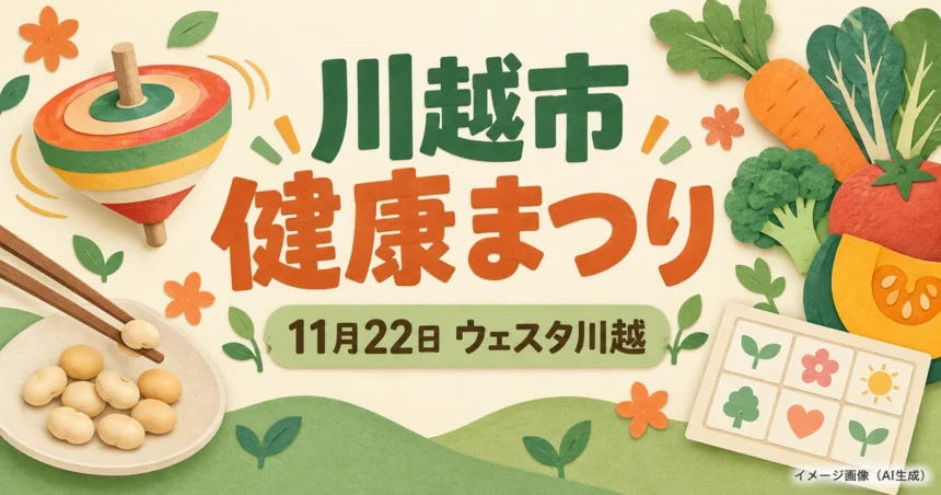 豆つかみや野菜を描いた川越市健康まつりのイメージイラスト（AI生成）