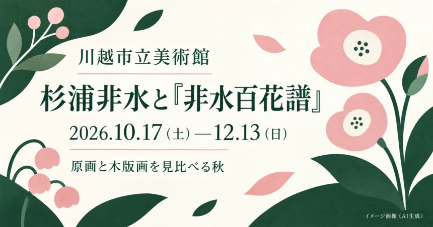 花と葉を独自に描いた杉浦非水展の案内イラスト。展示作品の複製ではないイメージ画像（AI生成）