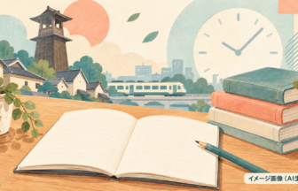 ノートと本、時計と川越の街を組み合わせた自習のイメージイラスト（AI生成）