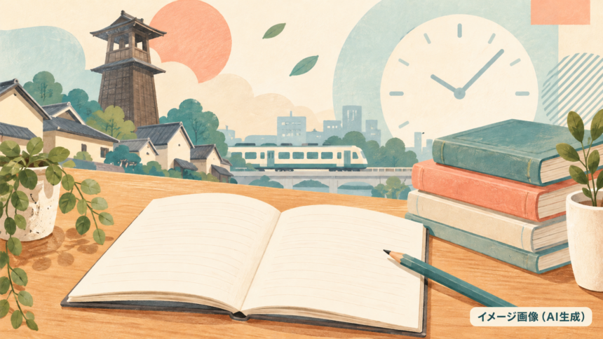 ノートと本、時計と川越の街を組み合わせた自習のイメージイラスト（AI生成）