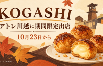ミニシューと秋の葉、川越の街並みを描いたKOGASHI期間限定出店のイメージイラスト（AI生成）
