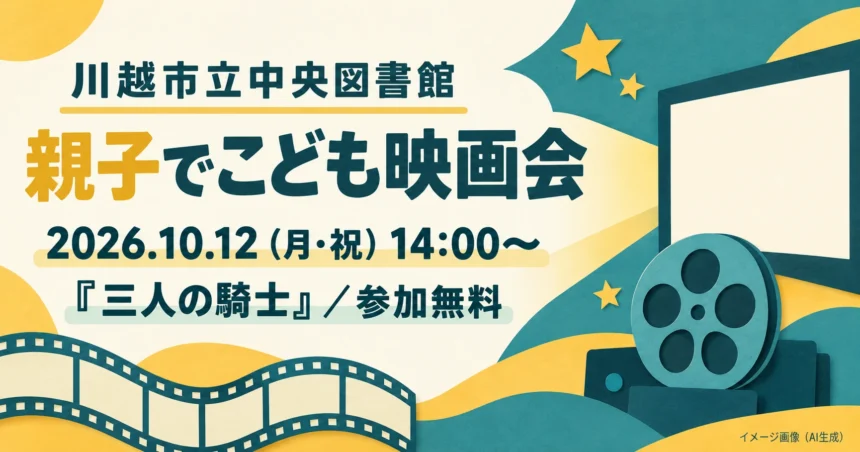 映写機とスクリーンを描いた10月12日こども映画会の案内。映画の場面やキャラクターを使わないイメージ画像（AI生成）
