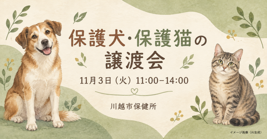犬と猫を描いた、11月3日の川越市保健所・保護犬保護猫譲渡会のイメージイラスト（AI生成）