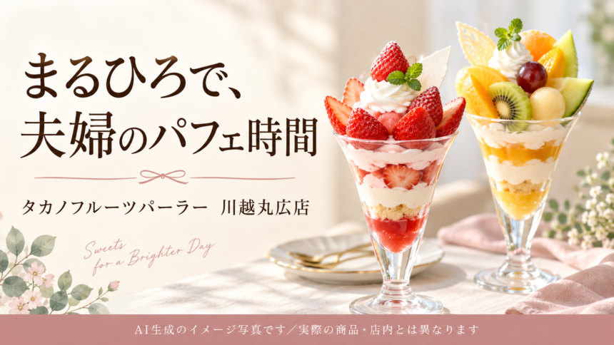 夫婦のパフェ時間を表現したAI生成のイメージ写真。実際の商品・店内とは異なります。