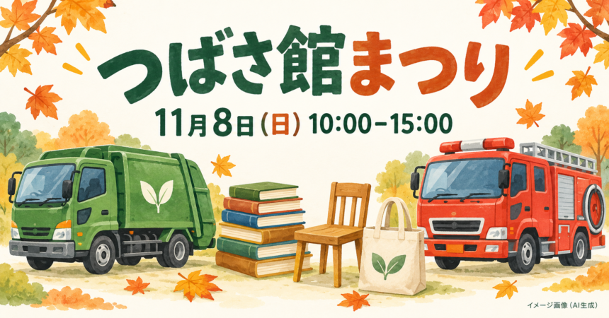 ごみ収集車と消防車、本や椅子、エコバッグを描いた、つばさ館まつりのイメージイラスト（AI生成）